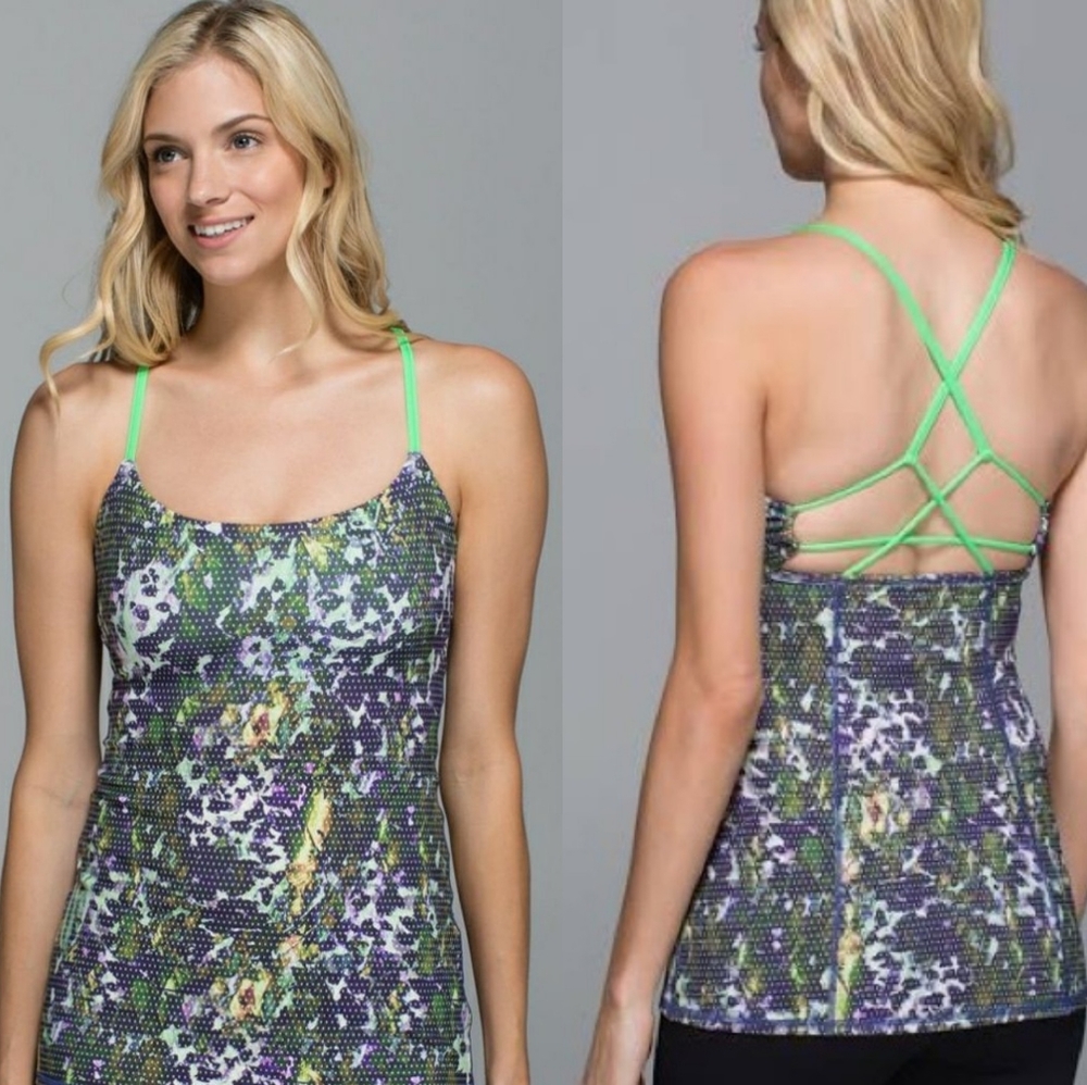 Lululemon lime green/purple floral workout top 6